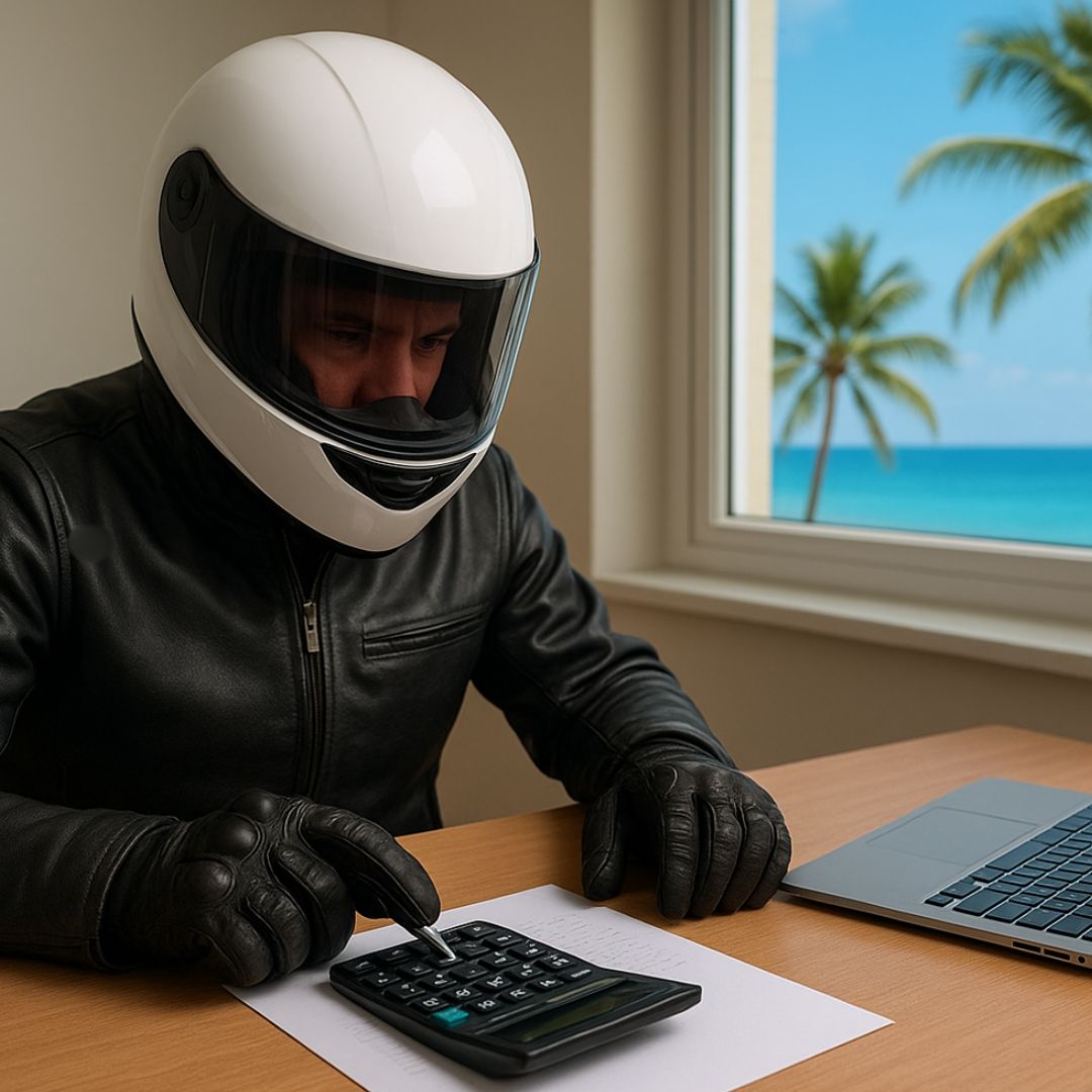 Persona con casco seduta alla scrivania a fare calcoli