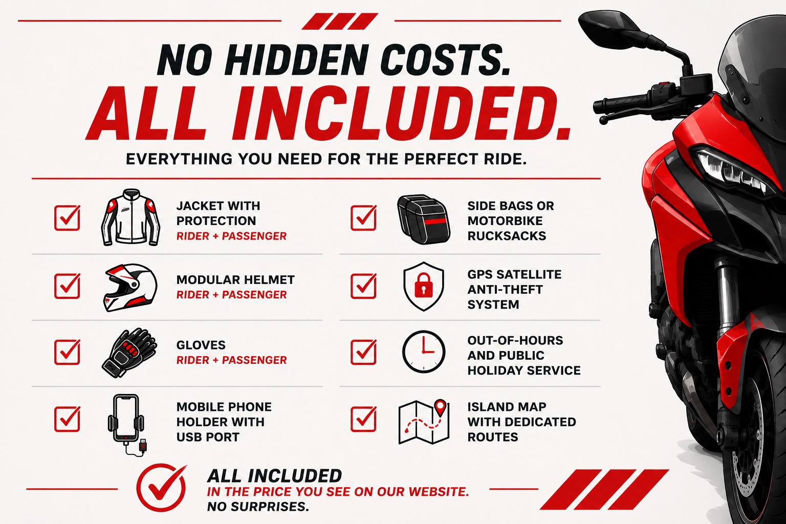 All-inclusive motorbike rental in Mallorca with safety equipment, helmets, jackets, gloves, bags and GPS included.
